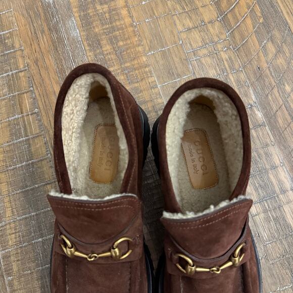 Gucci horsebit ankle boot brown suede shearling lining - Picture 4 of 9